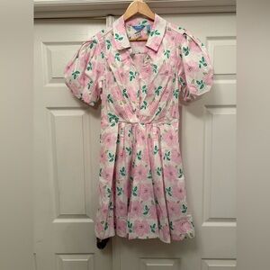 Draper James Pink Floral Midi Collared Puffed Sleeve Dress No belt Cotton Blend